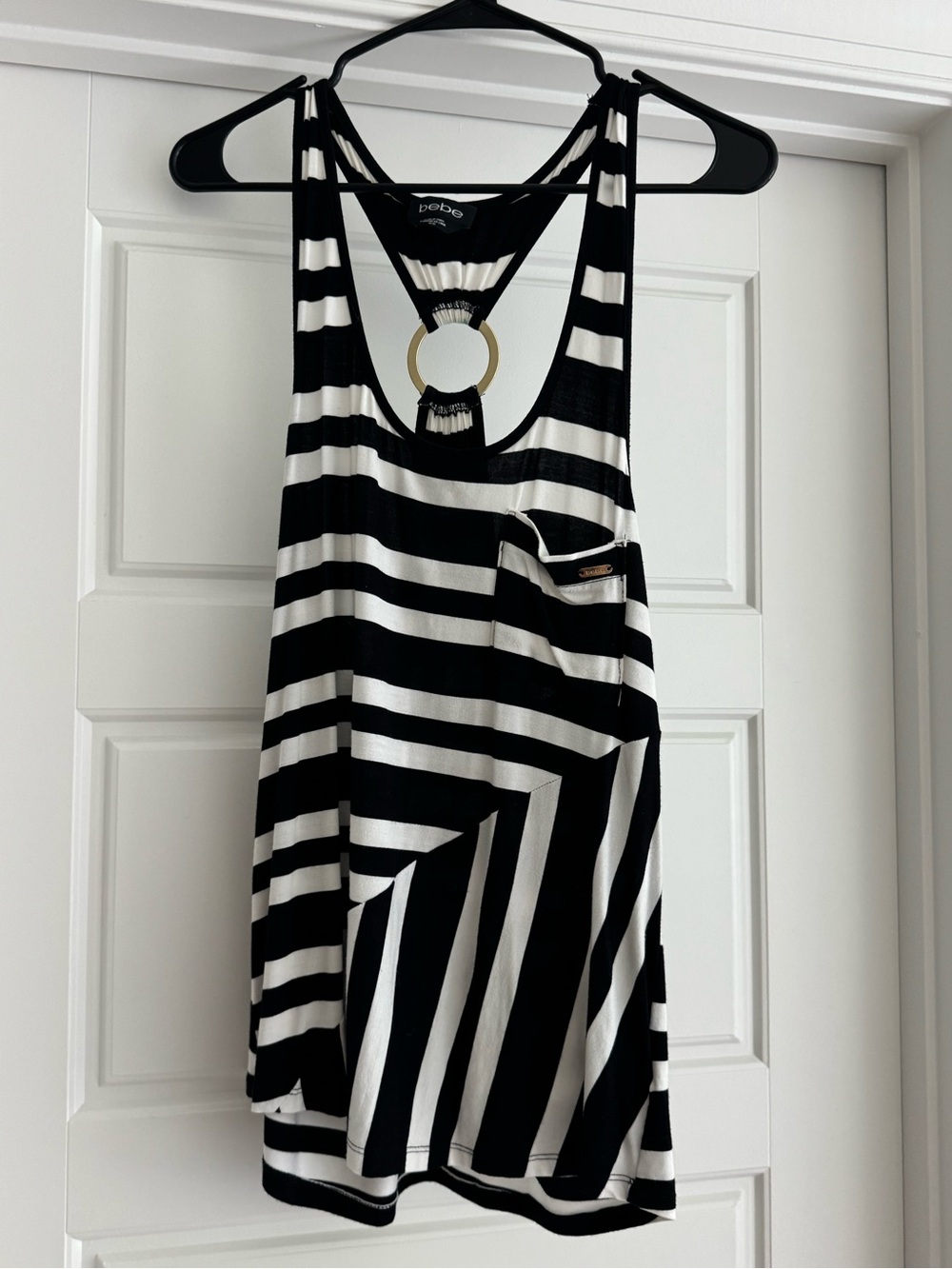 Striped Black & White Tank Top with Ring Detail - Bebe